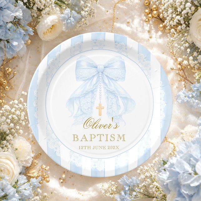 Baptism Blue Bow Baby Boy Paper Plates (Creator Uploaded)