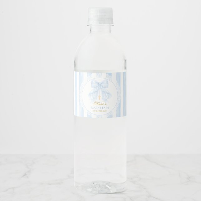 Baptism Blue Bow Baby Boy Water Bottle Label (Front)