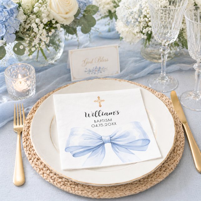 Baptism blue bow boy gold cross napkins (Creator Uploaded)