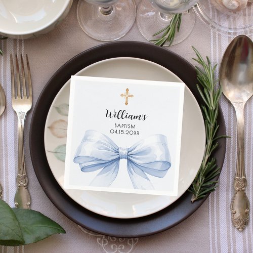 Baptism blue bow boy gold cross