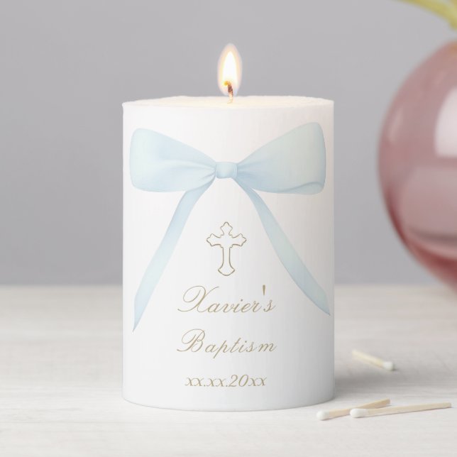 Baptism blue bow  pillar candle (In Situ)