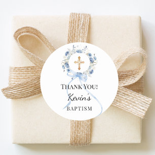 Baptism blue boy florals wreath cross thank you classic round sticker