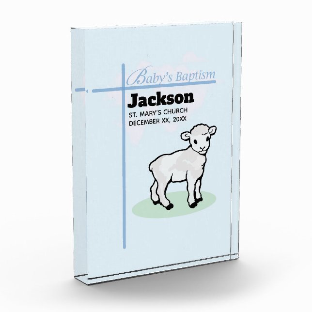 Baptism Blue Boy Lamb, Customizable Acrylic Award (Left)