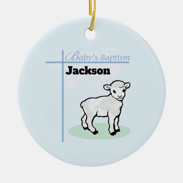 Baptism Blue Boy Lamb, Customizable Ceramic Ornament (Front)