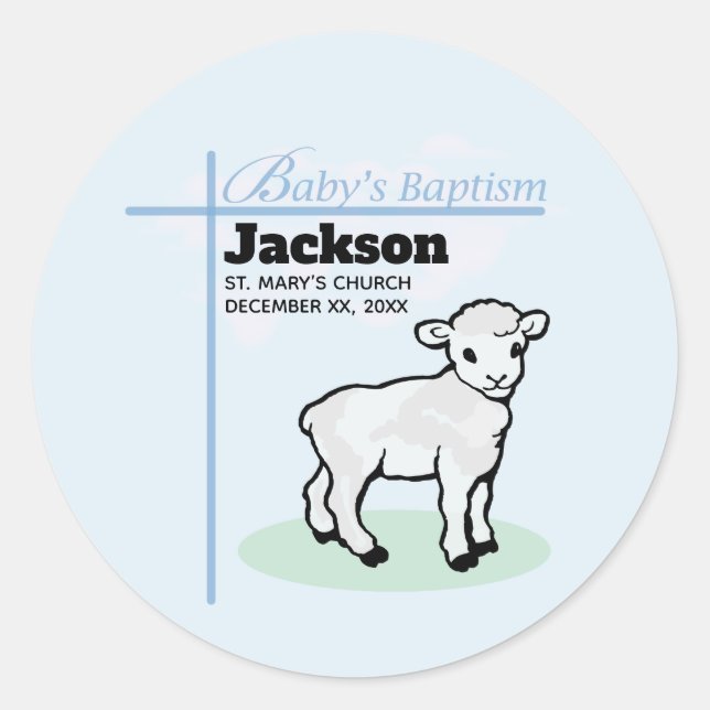 Baptism Blue Boy Lamb, Customizable Classic Round Sticker (Front)