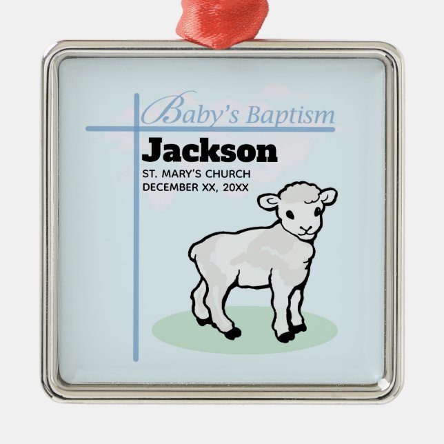 Baptism Blue Boy Lamb, Customizable Metal Ornament (Front)