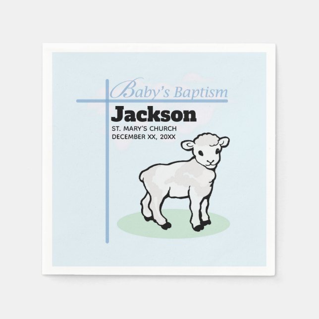 Baptism Blue Boy Lamb, Customizable Napkins (Front)