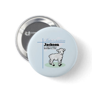 Baptism Blue Boy Lamb, Customizable Pinback Button