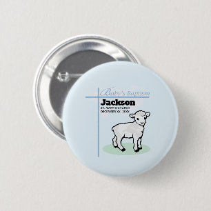Baptism Blue Boy Lamb, Customizable Pinback Button
