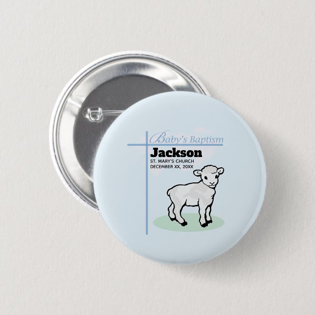 Baptism Blue Boy Lamb, Customizable Pinback Button (Front & Back)