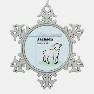 Baptism Blue Boy Lamb, Customizable Snowflake Pewter Christmas Ornament