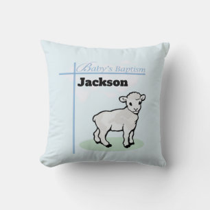 Baptism Blue Boy Lamb, Customizable Throw Pillow