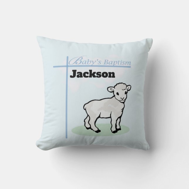 Baptism Blue Boy Lamb, Customizable Throw Pillow (Front)