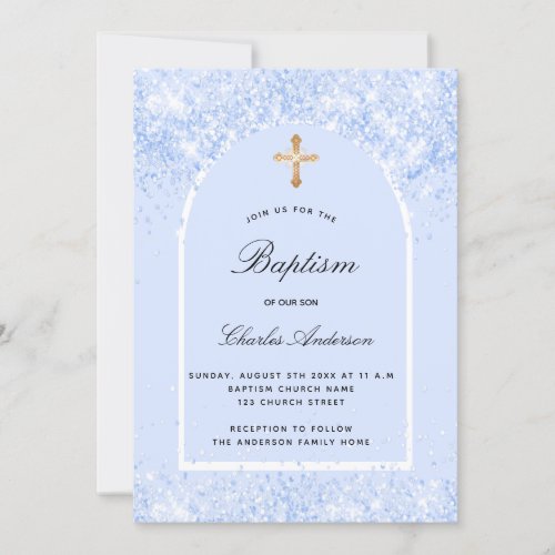 Baptism blue confetti arch boy invitation
