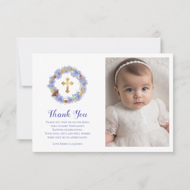 Baptism Blue Cornflower & Wheat Butterfly Photo Thank You Card (Front)