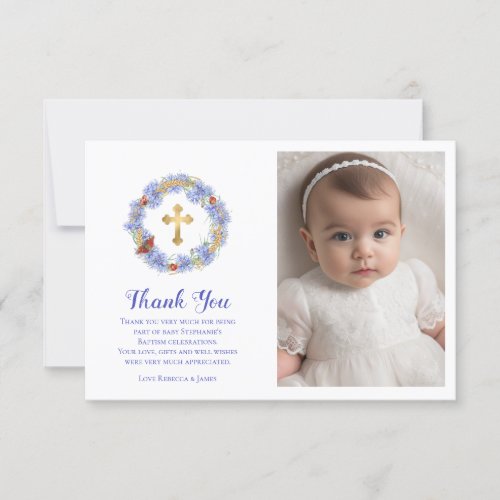 Baptism Blue Cornflower  Wheat Butterfly Photo Thank You Card