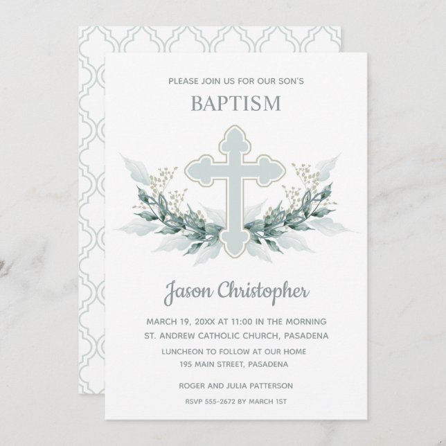 Baptism Blue Cross and Wreath Invitations (Front/Back)