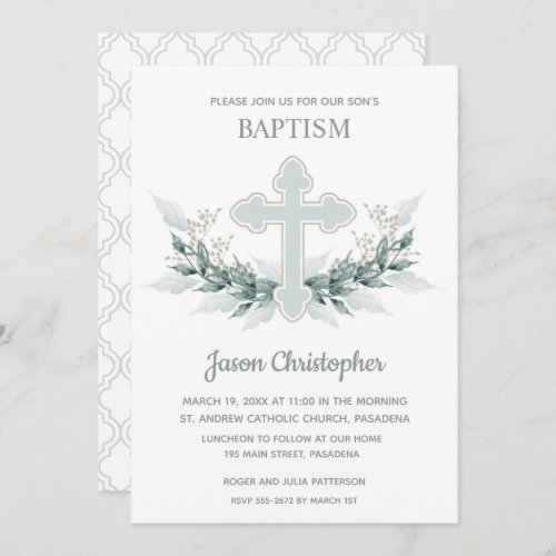 Baptism Blue Cross and Wreath Invitations