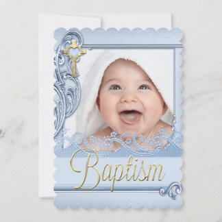Baptism Blue Cross Boy Christening Photo Invitation