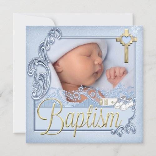 Baptism Blue Cross Boy Christening Photo Invitation