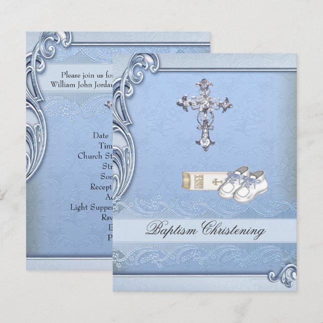 Baptism Blue Cross Boy Damask Bible Shoes Invitation (Front/Back)
