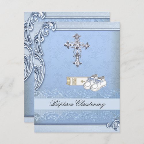 Baptism Blue Cross Boy Damask Bible Shoes Invitation