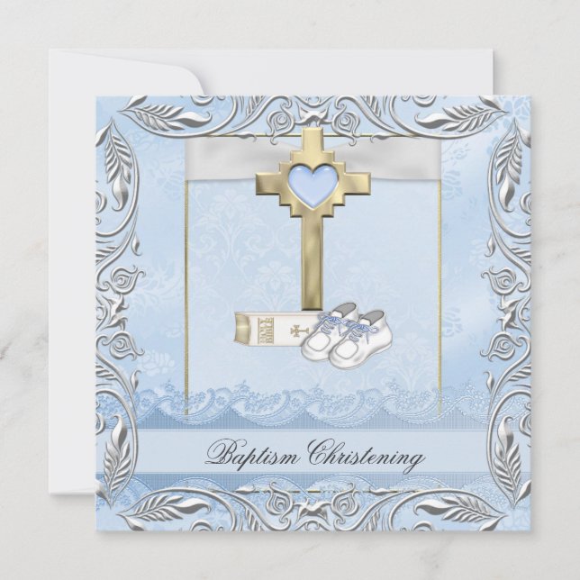 Baptism Blue Cross Boy damask christening Bible Invitation (Front)