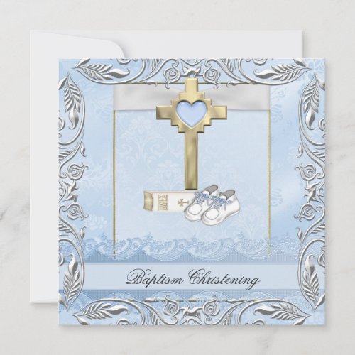 Baptism Blue Cross Boy damask christening Bible Invitation