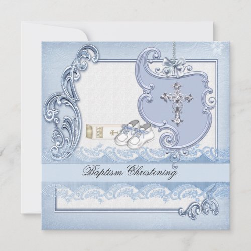 Baptism Blue Cross Boy damask christening Invitation