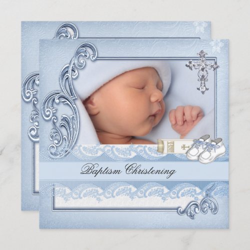 Baptism Blue Cross Boy damask christening Invitation