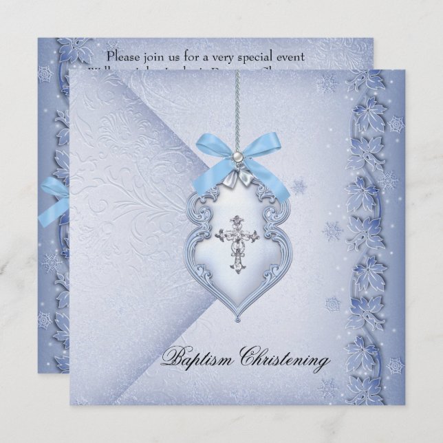 Baptism Blue Cross Boy damask christening Invitation (Front/Back)