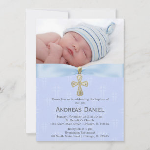 Baptism Blue Cross with photo Invitation