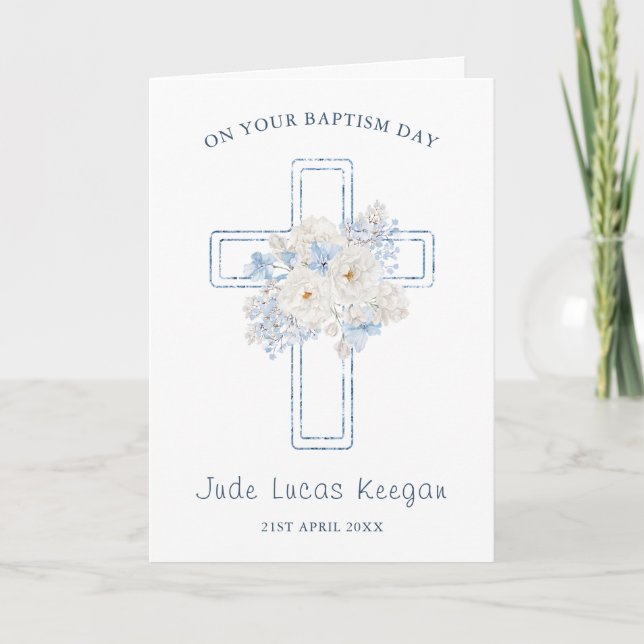 Baptism Blue Floral Cross Card (Front)