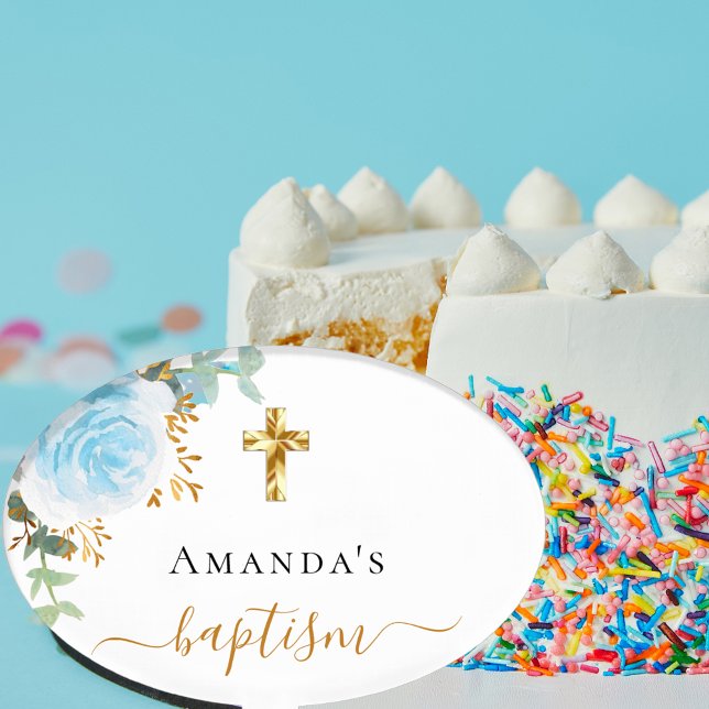 Baptism blue floral eucalyptus boy rose gold cake topper (Creator Uploaded)
