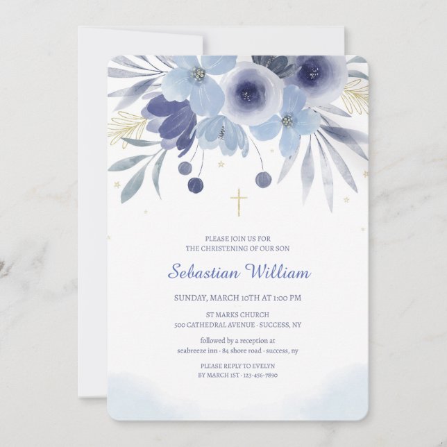 Baptism Blue Floral Invitation (Front)