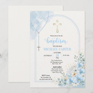 Baptism Blue Floral Rosary Arch Invitation