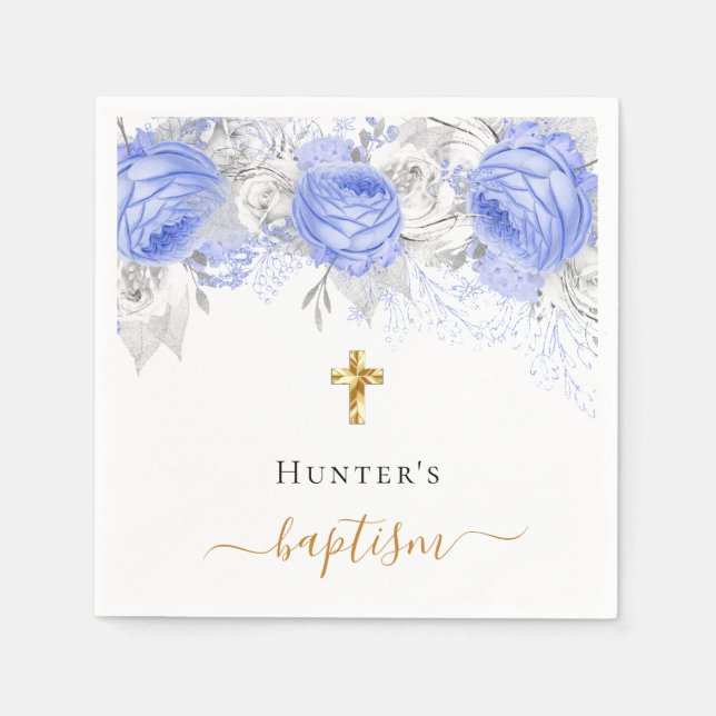 Baptism blue floral white boy name script napkins (Front)