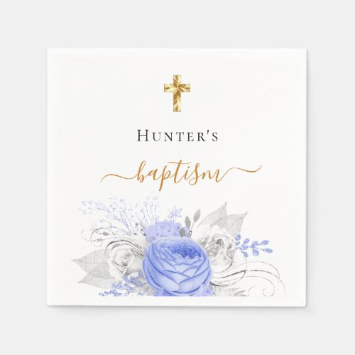 Baptism blue floral white elegant name script boy napkins