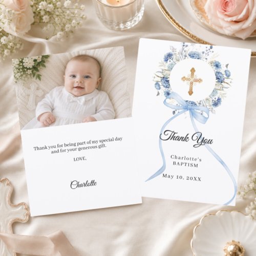 Baptism blue floral wreath bow ribbons photo boy thank you card
