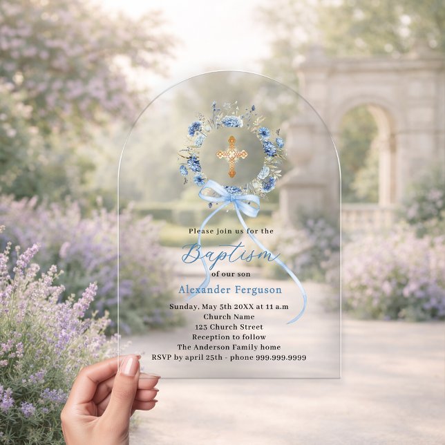 Baptism blue floral wreath boy bow arch acrylic invitations (Creator Uploaded)