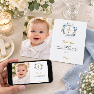 Baptism blue florals photo thank you card