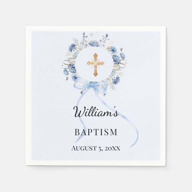 Baptism blue florals wreath boy cross napkins (Front)