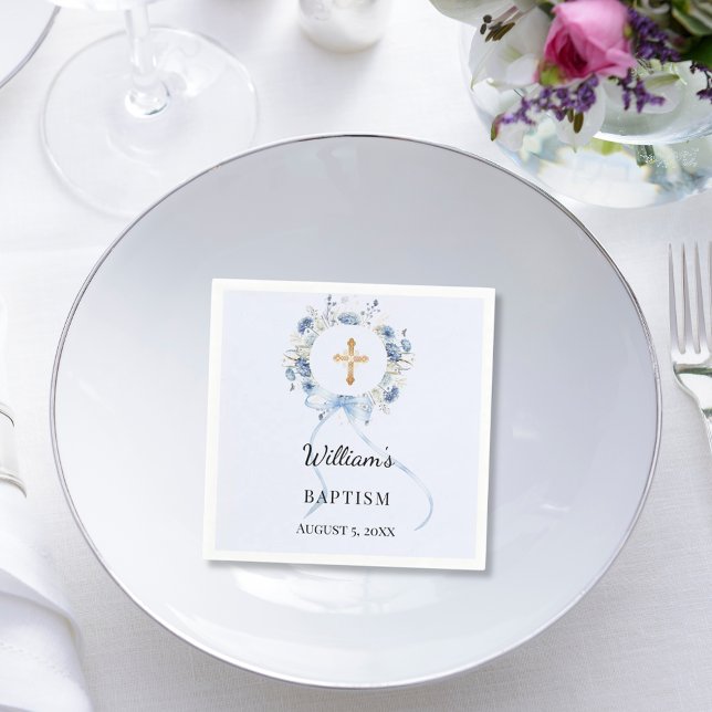 Baptism blue florals wreath boy cross napkins (Creator Uploaded)