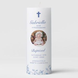 Baptism Blue Flowers Pillar Candle