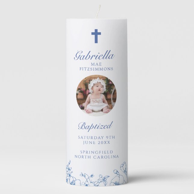 Baptism Blue Flowers Pillar Candle (Front)