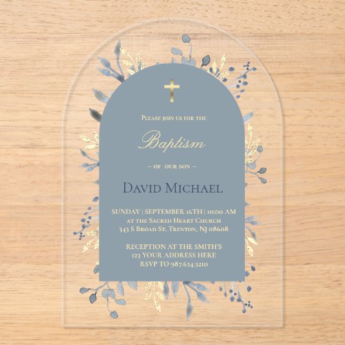 Baptism blue foliage blue arch acrylic invitation