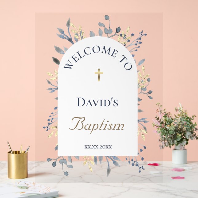 Baptism blue foliage clear welcome sign (Wedding)