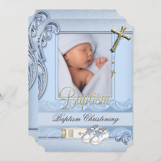Baptism Blue Gold Cross Boy Christening 2 Invitation (Front/Back)