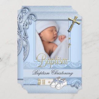 Baptism Blue Gold Cross Boy Christening 2 Invitation