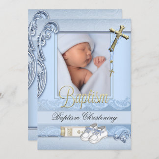 Baptism Blue Gold Cross Boy Christening 2 Invitation